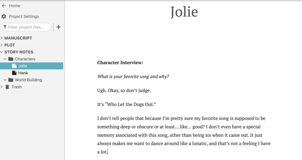 An example of how to use character development questions in Dabble's Character Notes feature.