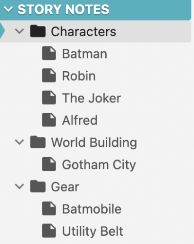 An example of how to organize files for a superhero archetype in Dabble.