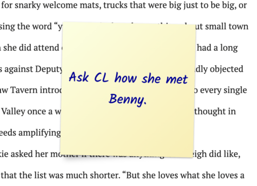An example of using a sticky note in the Dabble tool to note your own original character questions as you write.