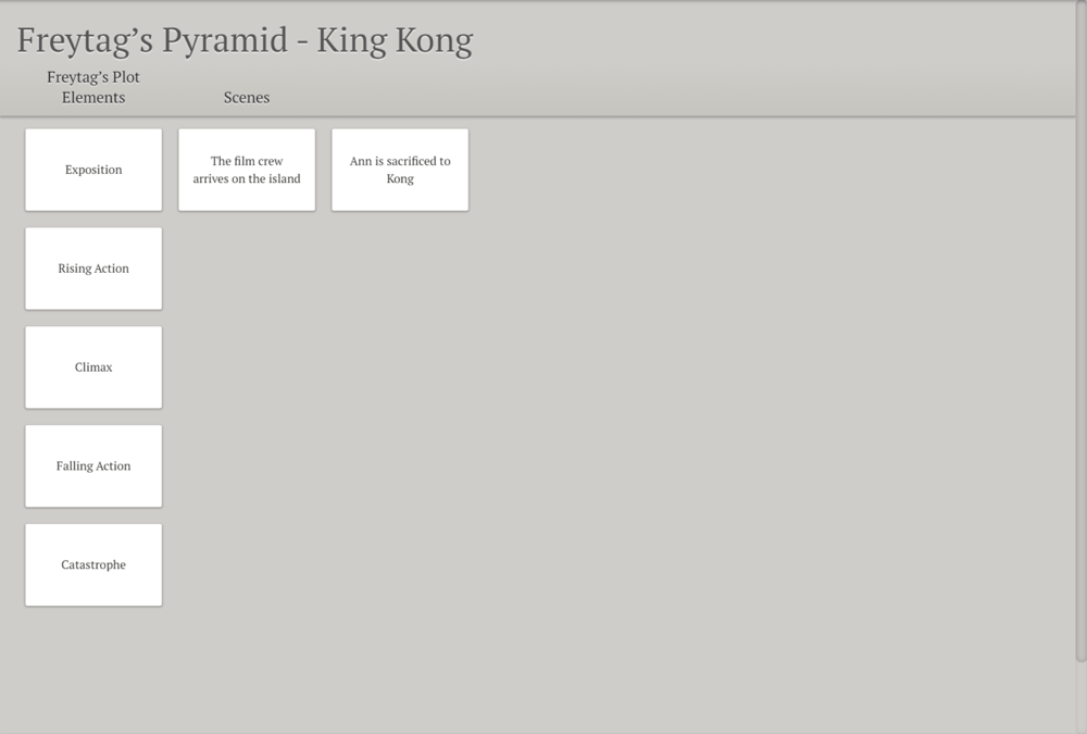 Applying Freytag's Pyramid with King Kong: the film crew arrives on the island and Ann is taken by Kong