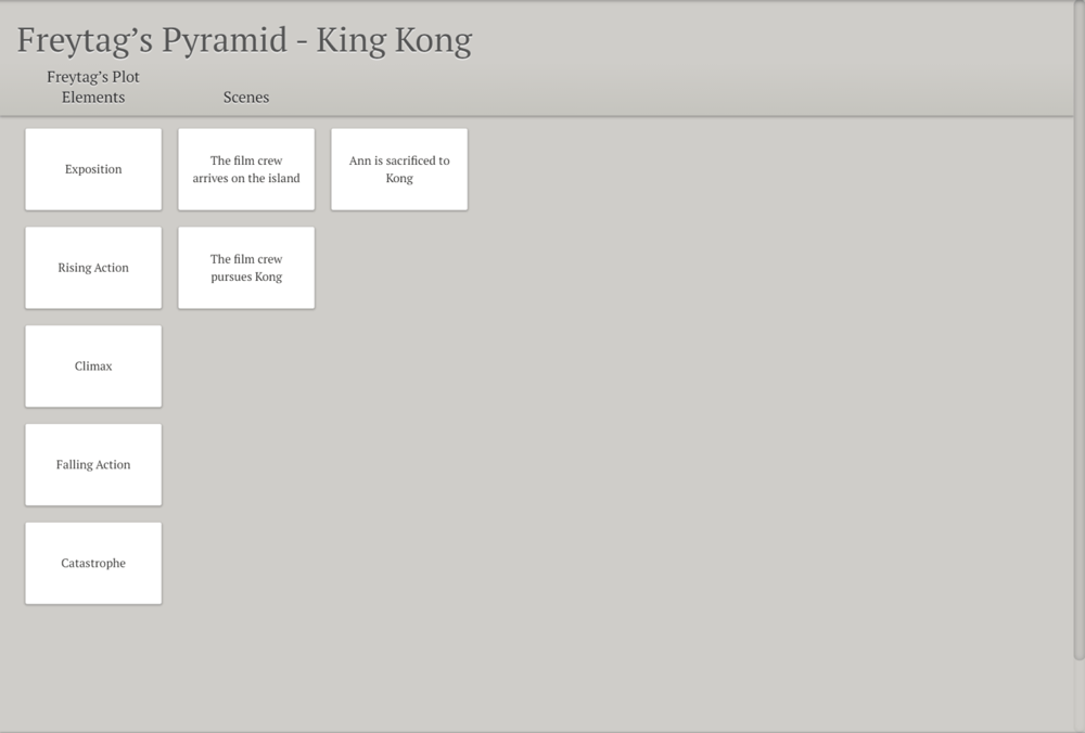 Applying Freytag's Pyramid with King Kong: the film crew pursues Kong in the rising action.