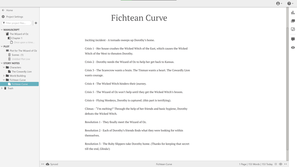 A Dabble note showing the Fichtean Curve for Wizard of Oz