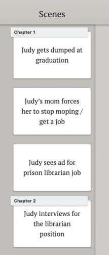 A screenshot of the Dabble plot grid showing how to see how many scenes are in a chapter.