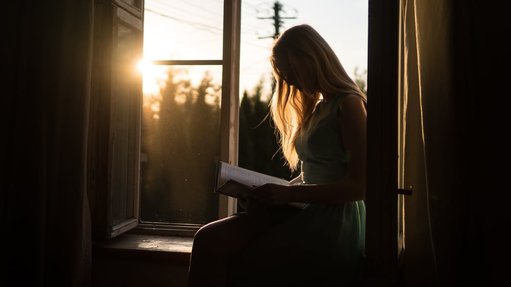 A person with long hair sits in a window at dusk reading a book.