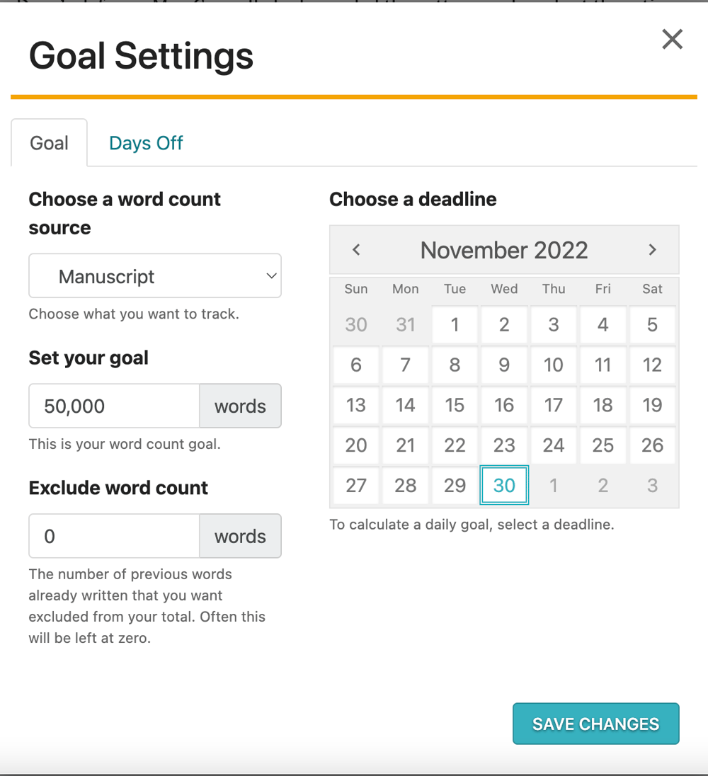 Screenshot of Dabble Goal Settings with a calendar to set deadlines and days off.
