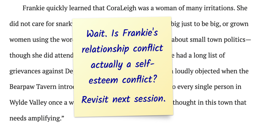 A screenshot of a yellow sticky note on a Dabble manuscript, showing how you can use Stickies to edit a first draft.