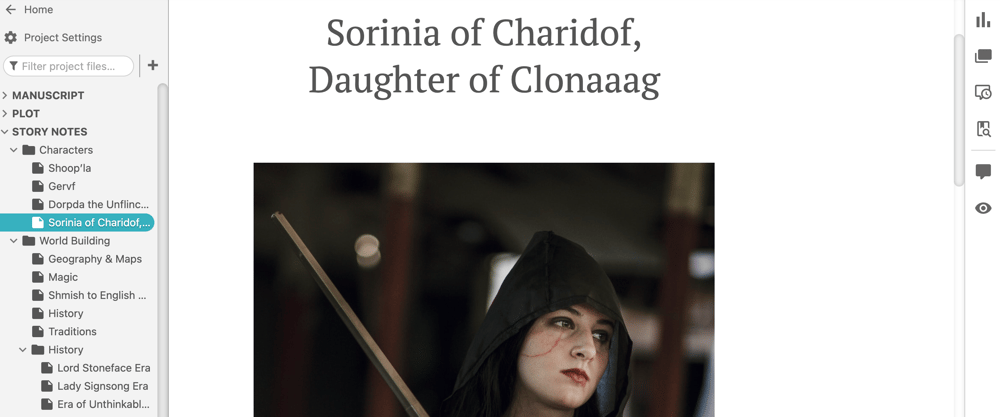 Screenshot of a Dabble Story Note showing an uploaded image of a fantasy character and the heading "Sorinia of Charidof, Daughter of Clonaaag."