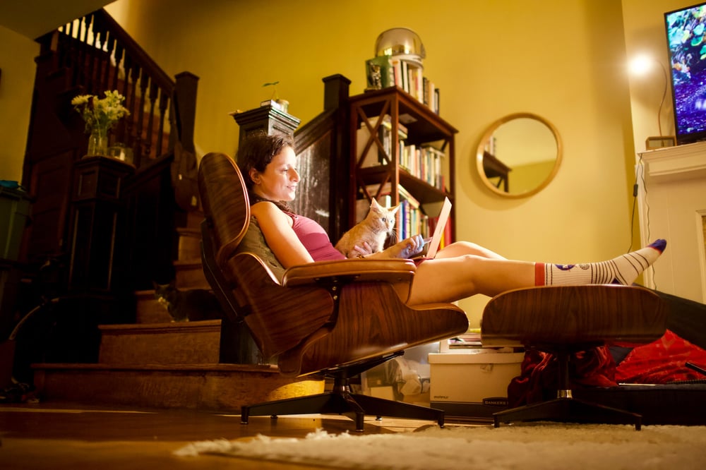 A person sits in a recliner with a cat on their lap, typing on a laptop.