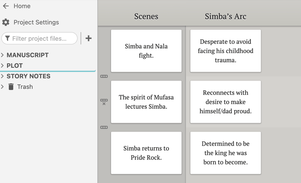 A screenshot of the Dabble Plot Grid laying out the scenes of The Lion King in one column and tracking Simba's character arc in the next column.