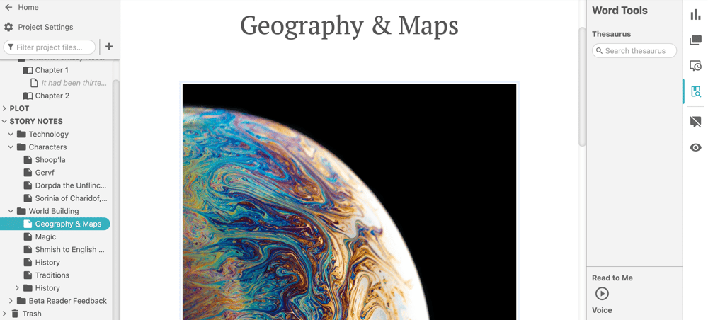 Screenshot of a Dabble Story Note with the heading "Geography & Maps" and an image of a planet.