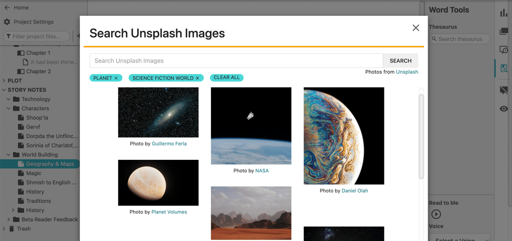 Screenshot of an Unsplash image search for "planet" photos in Dabble.