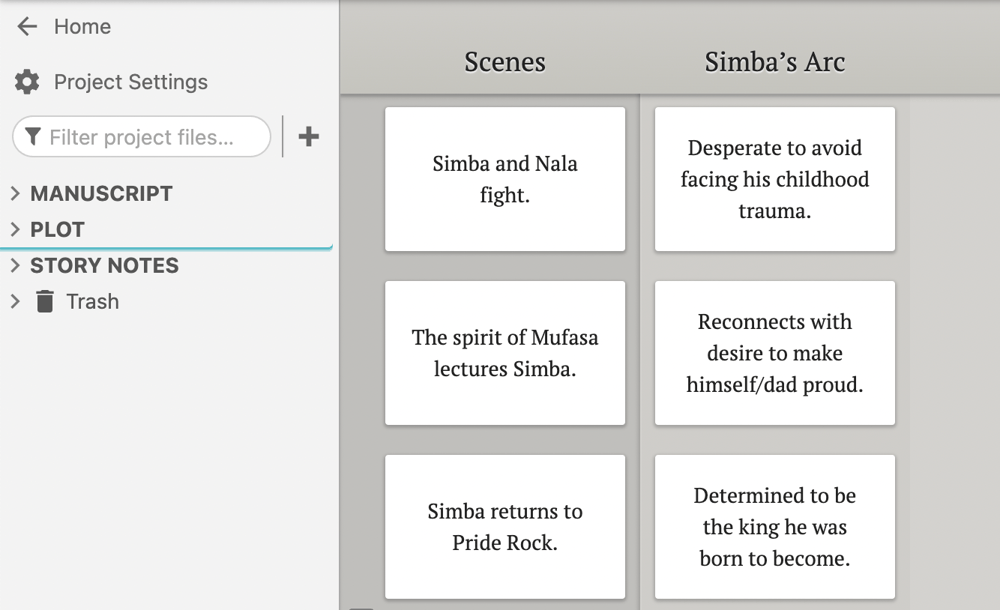A screenshot of a Plot Grid on Dabble showing scene cards for The Lion King in one column and cards for Simba's character arc in another column.