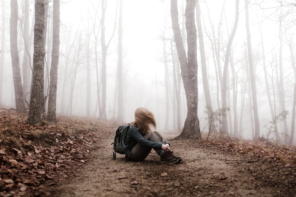 A person sits alone on a trail in a misty forest, the wind whipping their long, blonde hair over their face.ir