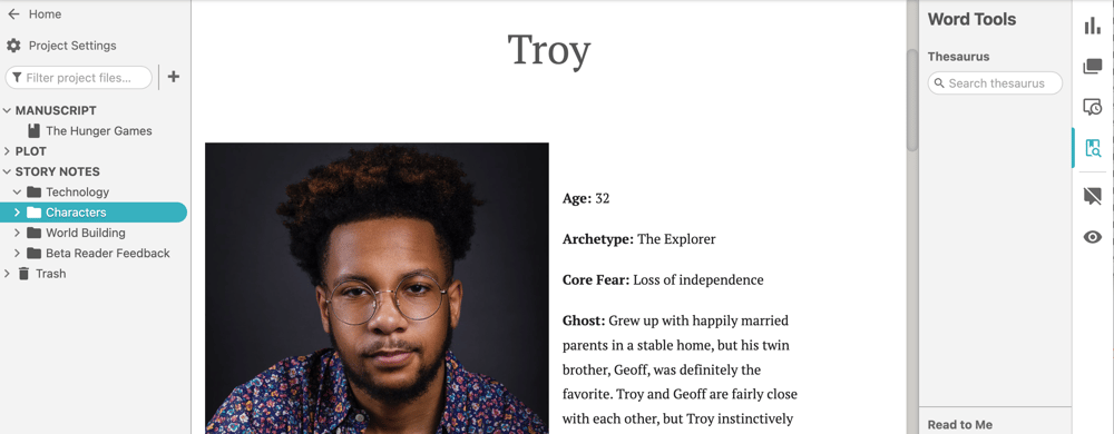 Screenshot of a Dabble Character Note with an image of a character named Troy and a list of profile information.