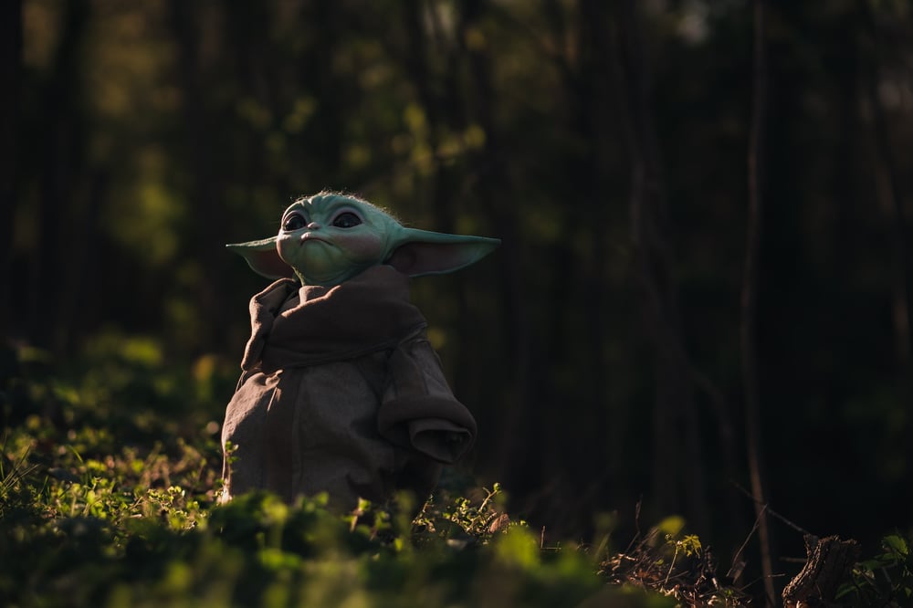 Grogu, a supporting character from The Mandalorian, stares off into the distance.