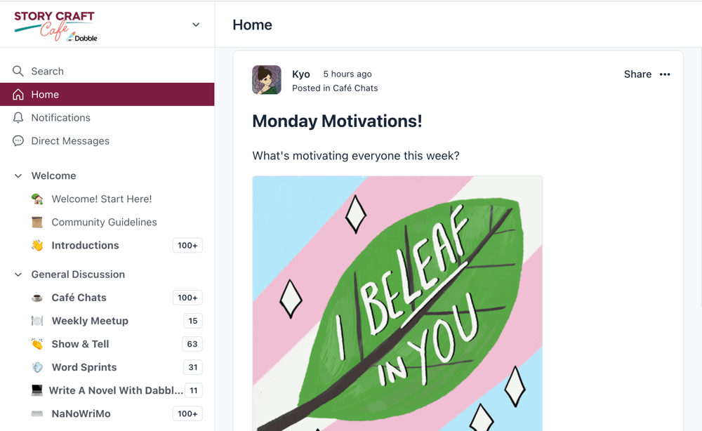 Screenshot of the Story Craft Café home page with a post asking "What's motivating everyone this week?"