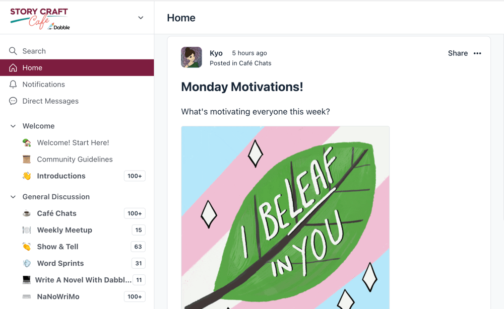 A screenshot of Dabble's Story Craft Café.