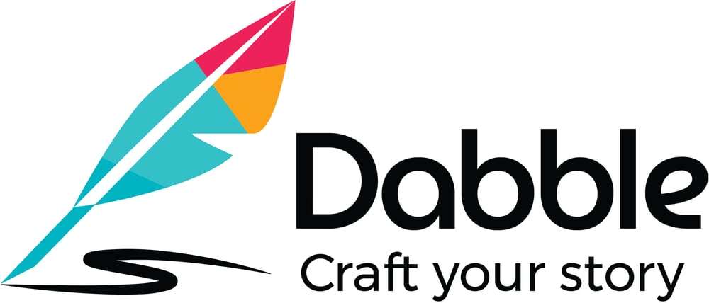 The logo for the Scrivener alternative Dabble: a multi-colored quill beside the words "Dabble: Craft your story."