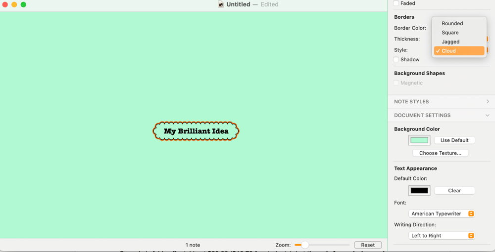 Screenshot of a new Scapple mind map with a menu showing customization options.