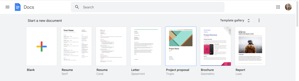 A Screenshot of the Google Docs template menu.