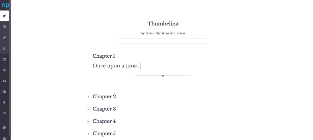 A screenshot of a NovelPad manuscript for Thumbelina with collapsible chapters.