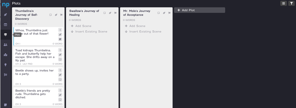 Screenshot of the NovelPad Plots view.