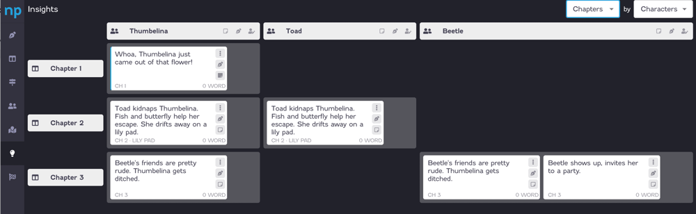 Screenshot of NovelPad Insights, showing which chapters different characters appear in. 