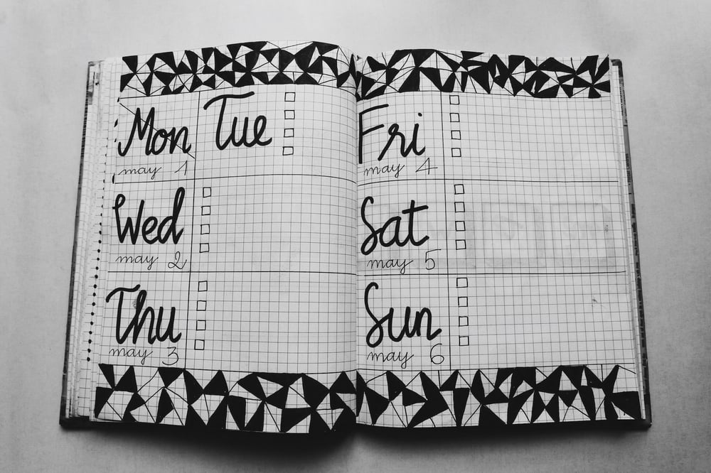 An open graph paper journal showing the days of the week.