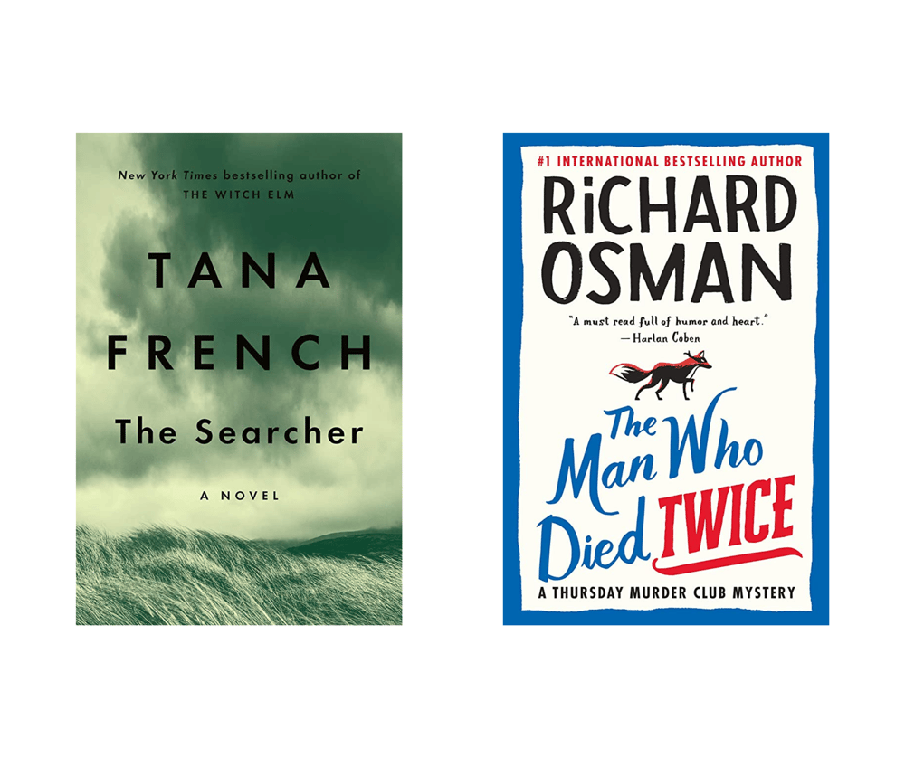 Images of the book covers for The Searcher by Tana French and The Man Who Died Twice by Richard Osman.