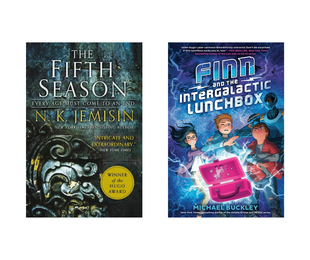 Side-by-side images of the book covers for The Fifth Season by N.K. Jemisin and Finn and the Intergalactic Lunchbox by Michael Buckley.