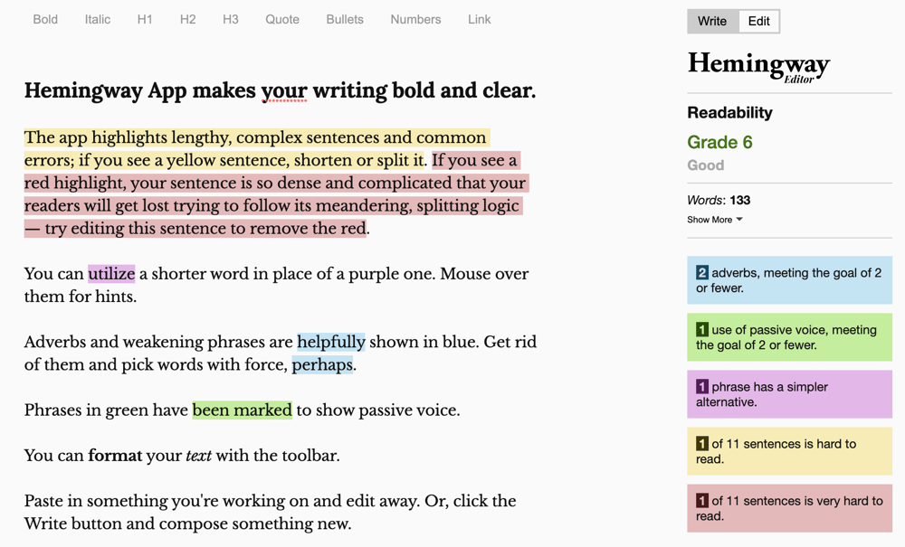 Screenshot showing Hemingway Editor with color-coded highlighting to note style mistakes.