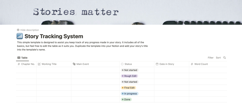 A screenshot of a story tracking template in Notion.