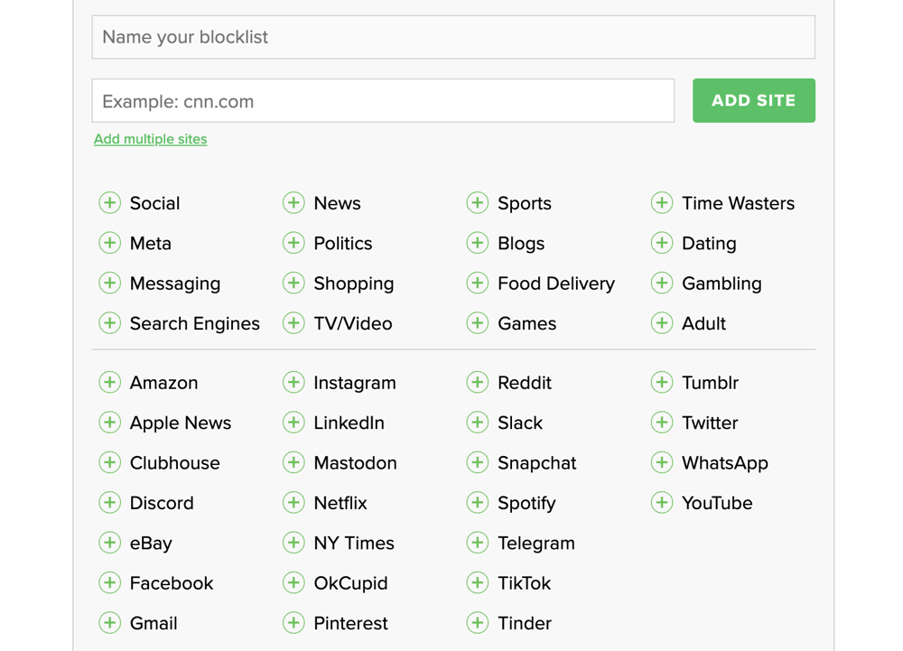 A screenshot of the blocklist creator in Freedom, with options to block websites by name or by category. .