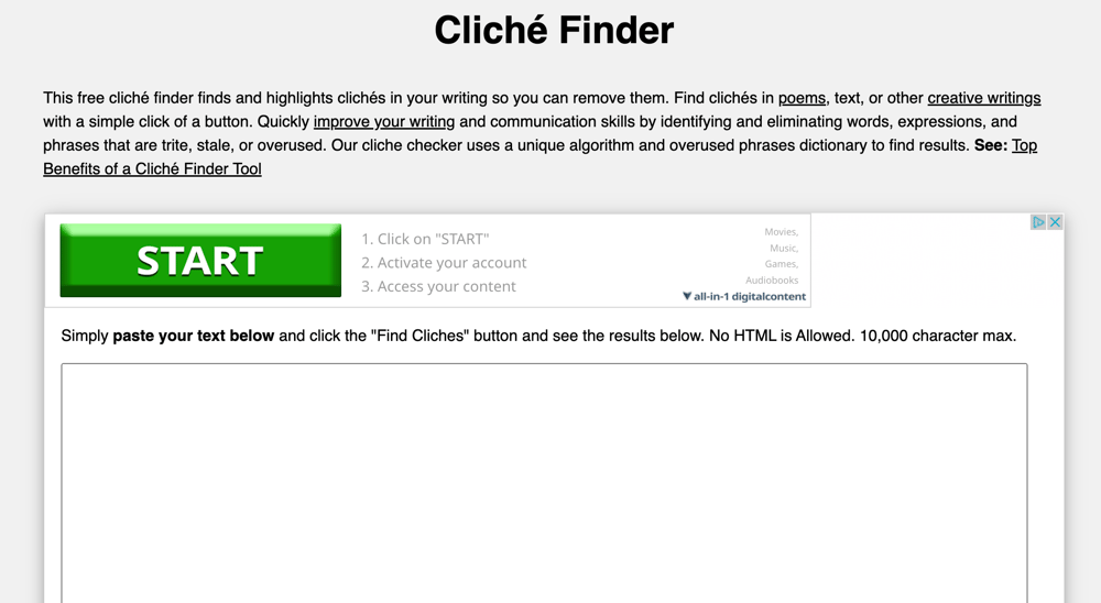 A screenshot of the Cliché Finder writing tool, with a window where you can enter text.