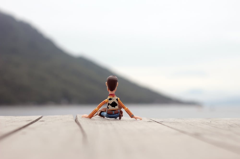 An image of Woody from Toy Story sitting on a dock and looking out over a lake.