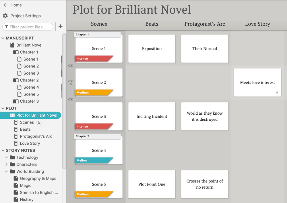 Screenshot of a Dabble Plot Grid with labels on scene cards indicating scenes that are "intense" (red), "medium" (yellow), and "mellow" (blue).