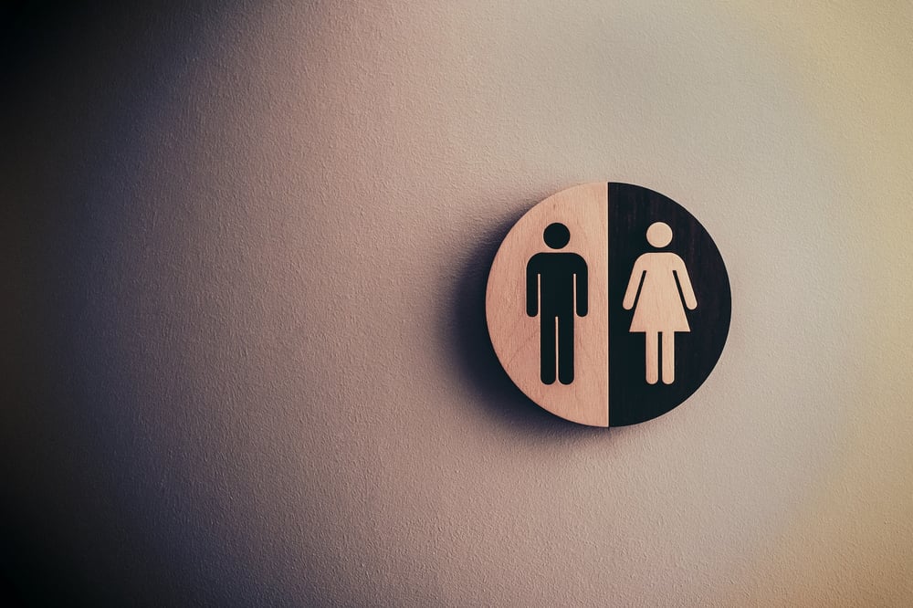 A round, black and white bathroom sign depicting both male and female figures.