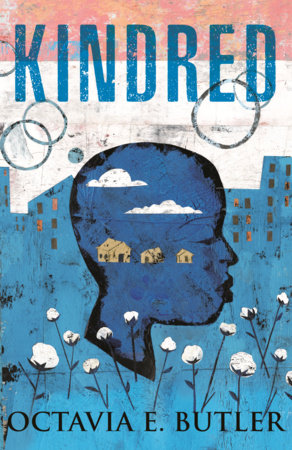 A blue, pink, and white cover of Kindred by Octavia Butler.