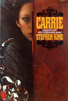 Image of the cover of Carrie by Stephen King showing half of a young woman's face.
