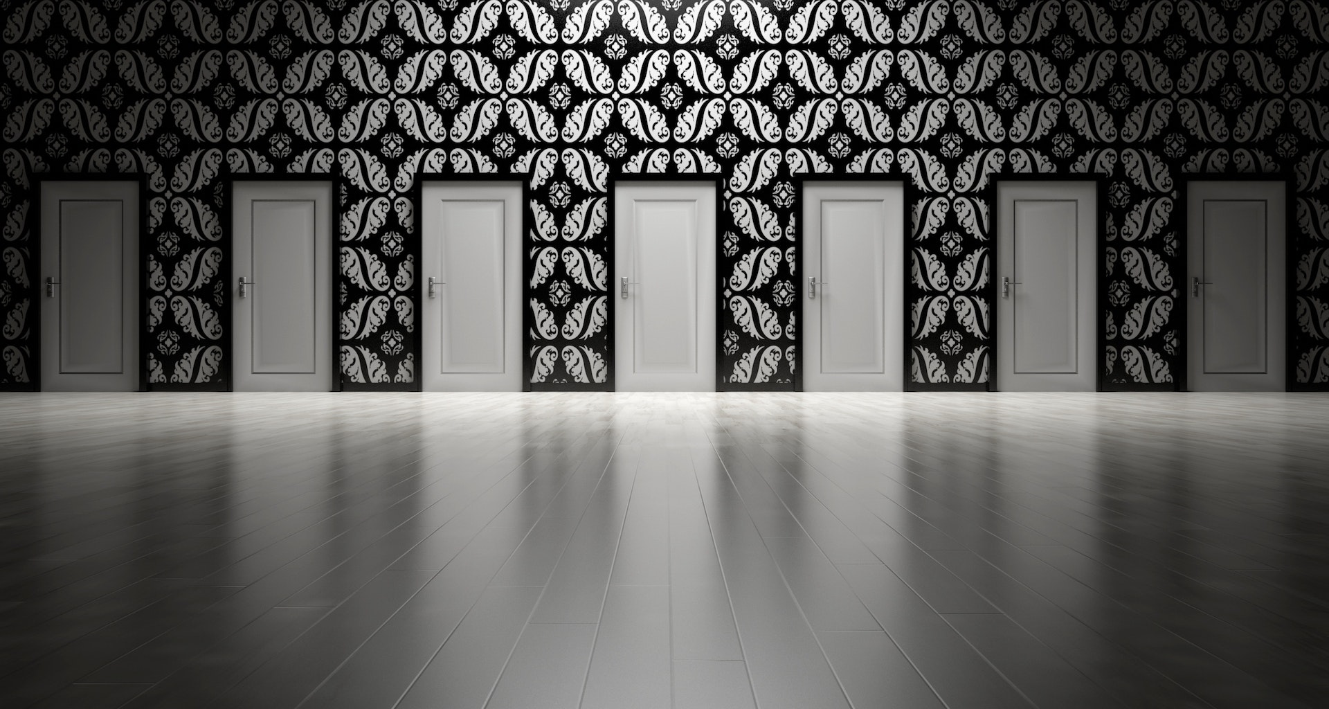 A row of closed white doors.