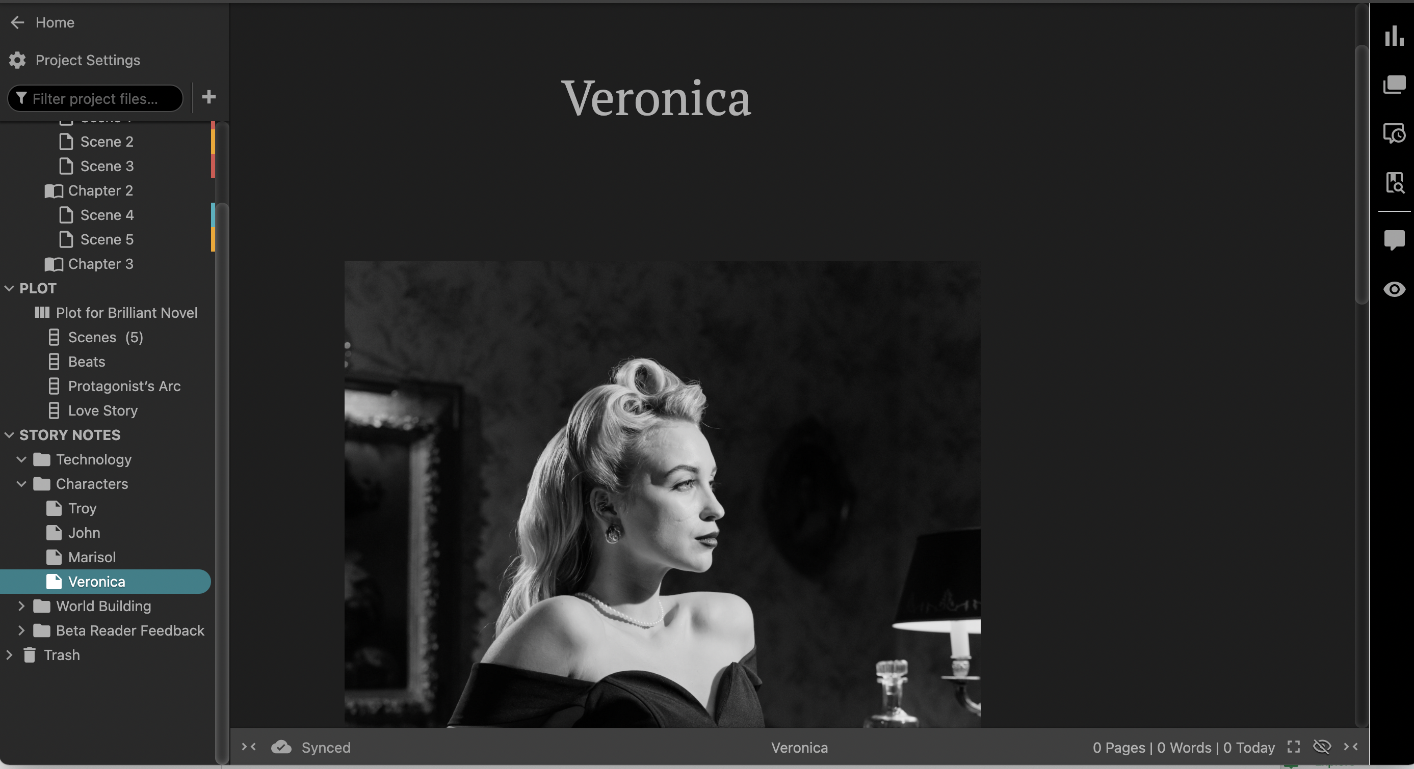 Screenshot of a Dabble Story Note featuring a historical fiction character named Veronica.