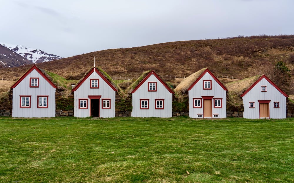 A row of 19th-century grass-roofed houses in Iceland.