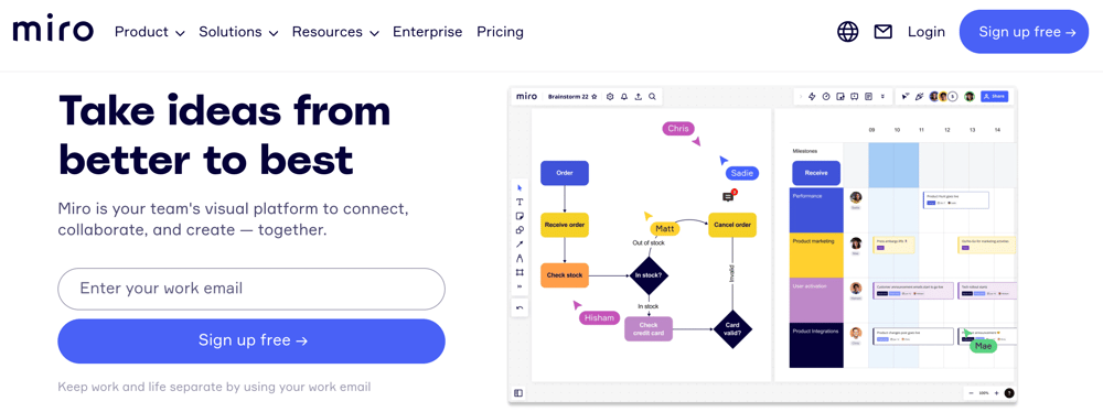 Screenshot of the Miro homepage showing a sign-up form and colorful flow charts.