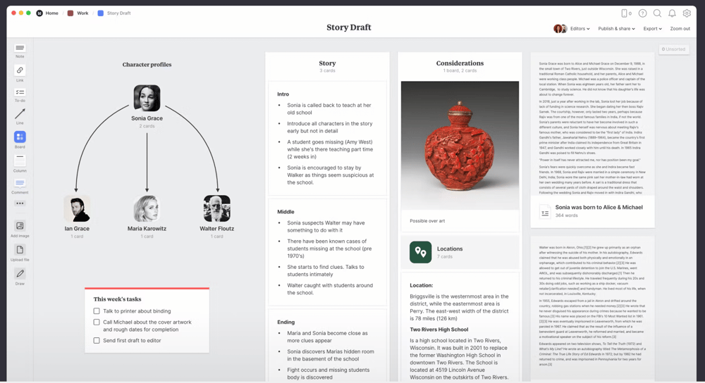 Screenshot of a writer's board in Milanote with spots for locations, characters, story outline, and more.