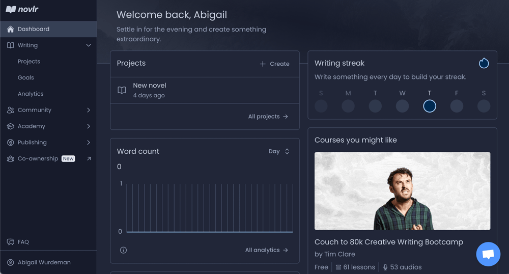 Screenshot of a Novlr dashboard showing projects, writing streak, word count, and a navigation menu.