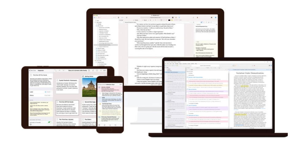 Screens on four different devices display different functions within Scrivener.
