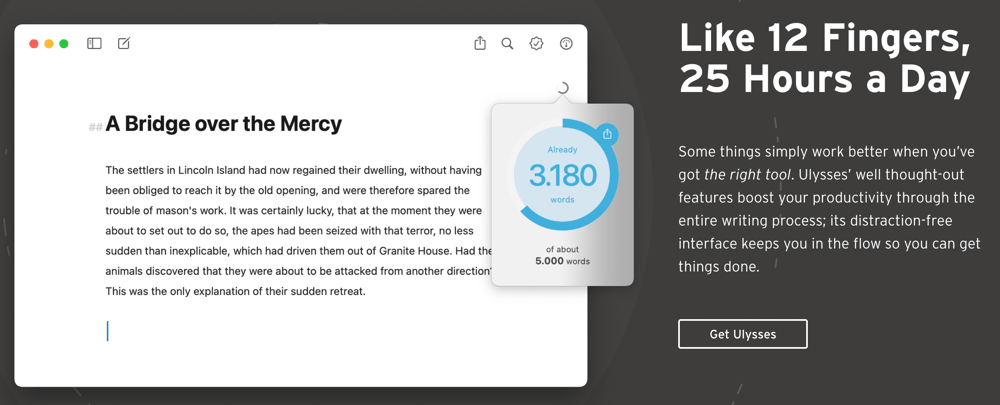 Screenshot from the Ulysses homepage showing the Ulysses editor and word count tracker.
