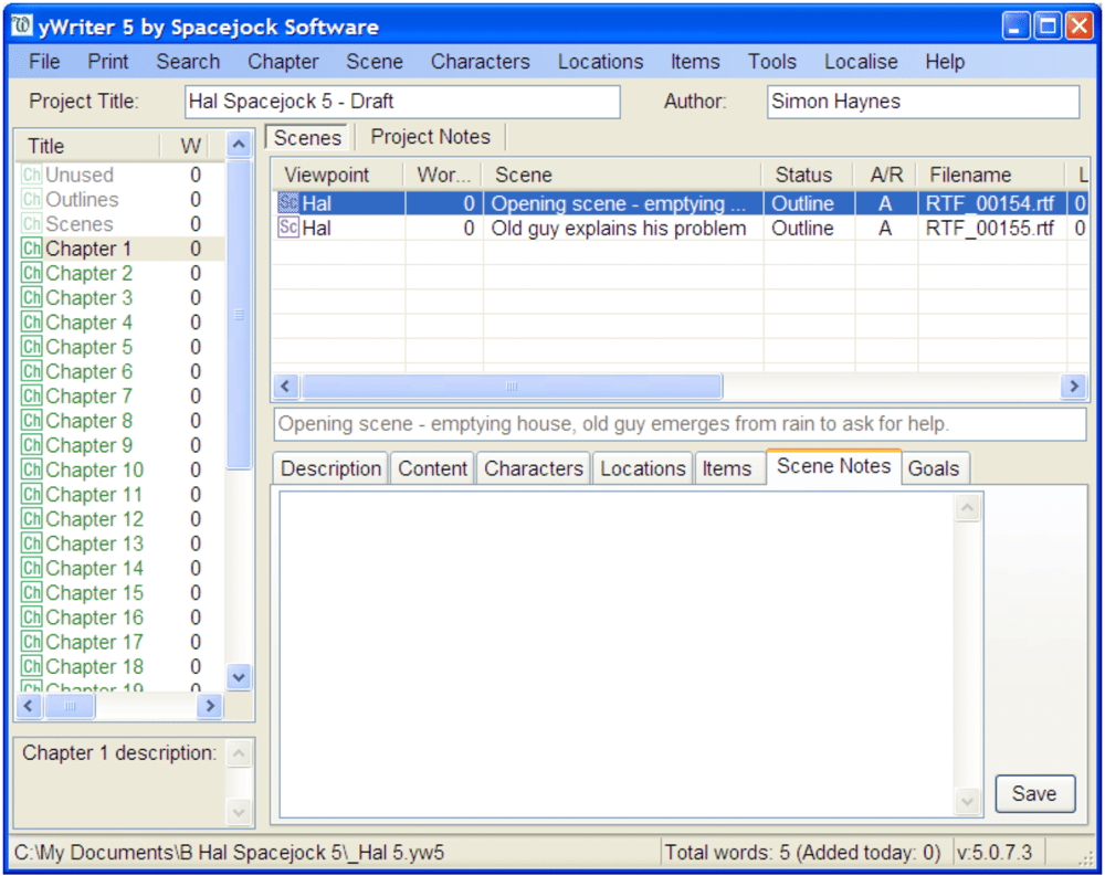 Screenshot of the yWriter software showing a chapter menu and scene notes.