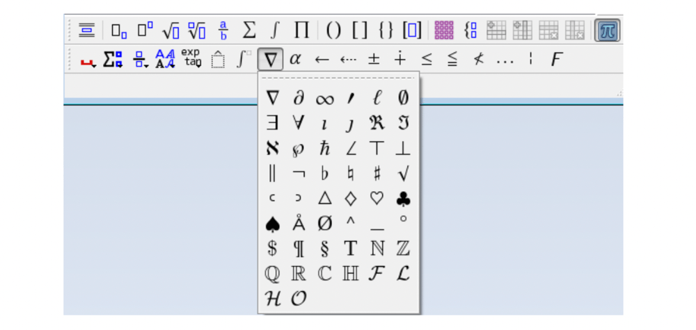 Screenshot of LyX, showing the toolbar for mathematical equaitions.