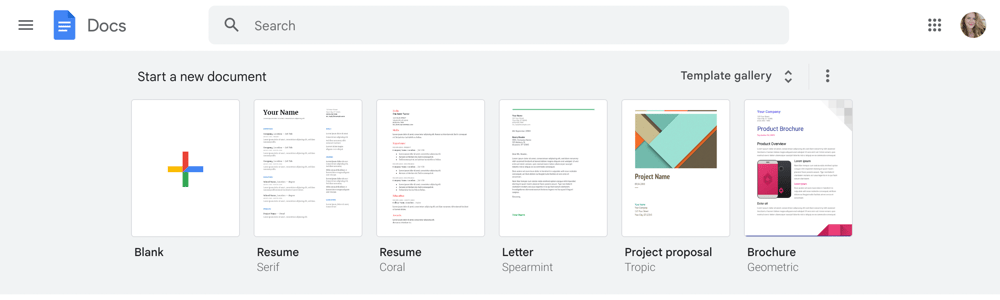 A screenshot of the Google Docs template gallery, showing templates for different document types.